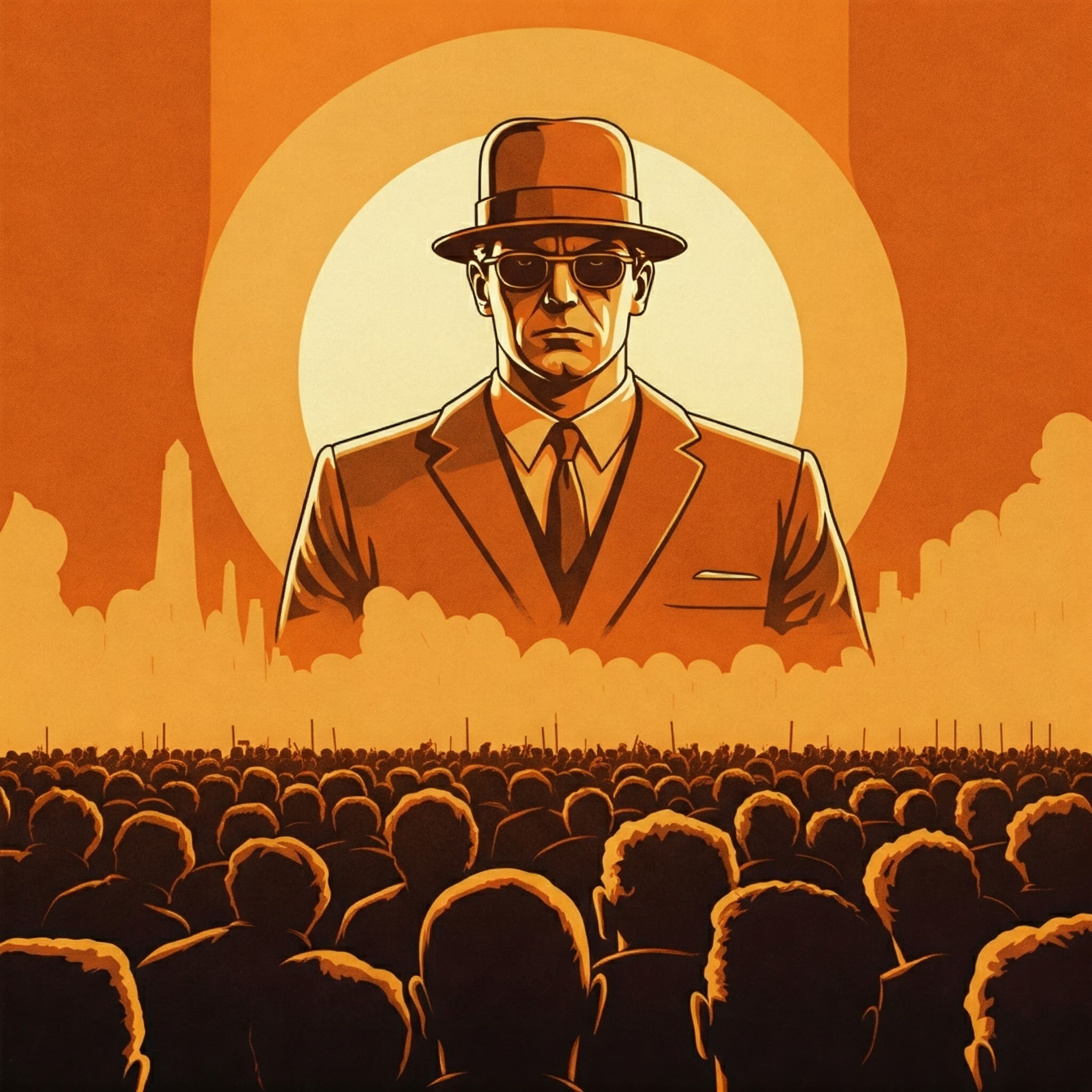 Illustration of a man with a fedora and sunglasses, staring at faceless masses who obey.